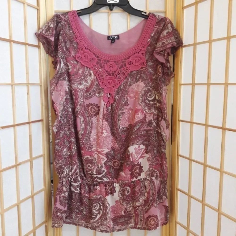 Apt 9 Paisley Peplum Lined Crochet Ruffle Blouse